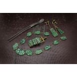 An Art Deco Chinese jadeite necklace, together with a single earring, a pendant, a damaged earring