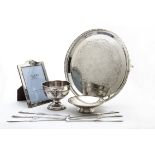 A 1950s silver footed dish by James Dixon & Sons, with bead rim, dented, 7.5 ozt, together with a