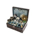 A collection of jewellery and other items, including a Victorian walnut and mop inlaid sewing box