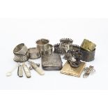 A collection of silver and silver plate, including two silver and mop pocket knives, a silver and