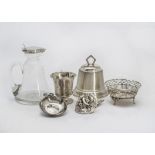 Six items of British and European silver, including a Christening cup, bon bon dish, pin dish, glass