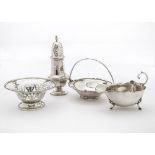 Four Art Deco period items of silver, including an pierced bon bon dish, a small swing handled dish,