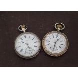 Two vintage silver open faced pocket watches, one a Waltham, the other continental heightened with