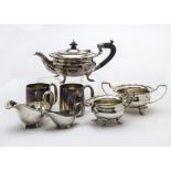 A George V period three piece silver plated tea set by Elkington & Co, together with two silver