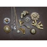 A small collection of jewellery, including a nice gilt harp set with emeralds and a ruby and reverse