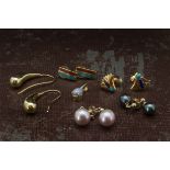 Five pairs of earrings and a pendant, including a pink and a black pearl pair, a 9ct gold drop pair,