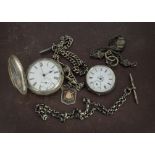 A Victorian period silver full hunter pocket watch, on a graduating silver curb link watch chain