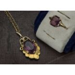 A modern 9ct gold and amethyst pendant and ring, the ring with rectangular stone and the pendant