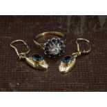 A 1970s 18ct gold diamond and sapphire cluster ring, 3.4g, together with a pair of 9ct gold and blue