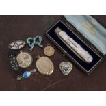 A collection of Victorian and later jewellery and other items, including a quill and ebony jewellery