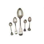 A group of Georgian and later silver spoons, including a pair of George IV fiddle pattern