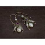 A pair of vintage gold and gem set earrings, modelled as bees with pearl abdomen and wings with