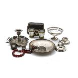 A collection of Victorian and later silver and other items, including two capstan inkwells, a bon