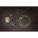 Five early 20th century and later items of jewellery, including a pietra dura panel brooch, a cameo,
