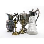 A Victorian silver plated and cut glass claret jug, together with a silver plated hot water jug