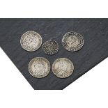 Five antique coins, including a George I, II and III shilling, a hammered Elizabeth I six pence