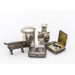 Five Victorian and later small silver curios, including a vesta case with printed portrait behind