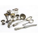 A collection of silver and silver plated items, including an Edwardian Hukin & Heath salt, a