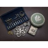 A collection of jewellery and other items, including a mop belt buckle, an enamelled belt buckle,