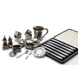 A collection of Victorian and later silver and other items, including a cased set of four salts, AF,