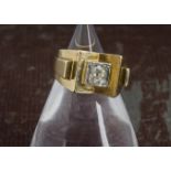 A 1960s Middle Eastern gold and diamond solitaire dress ring, the old cushion cut stone, approx 0.