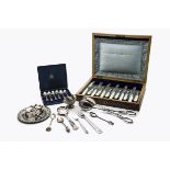 A collection of silver and silver plated flatware and other items, including nice set of six mop
