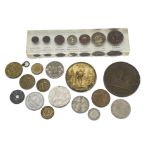 A small collection of world coins, together with a WWII Victory medal, a bronze Rome medallian, an