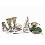 A collection of 20th century silver and white metal items, including a pair of Russian liquor