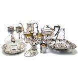 A collection of silver plated items, including a three piece tea set, posy bowl, pair of 1970s