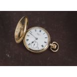 A George V period 9ct gold full hunter pocket watch by Waltham, initials to front, having subsiduary
