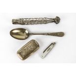 A mid 20th century silver snuff box, together with a pair of Georgian pierced silver tongs, a mop