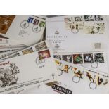 A collection of stamps and more, including a shoebox of First Day Covers, PHQ postcards in two