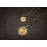 Two gold coins in pendants, one an Elizabeth II full sovereign dated dated 1978 in 9ct gold circular