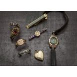 A collection of 9ct gold jewellery and other items, including five rings, AF, a watch, and more (