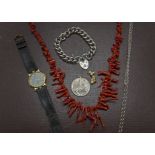 A collection of silver jewellery and other items, including a heavy curb link bracelet, a pendant,