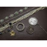 A collection of jewellery and jewellery boxes, including silver jewellery such as a brooch with