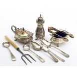 A George V silver three piece cruet set from S Ltd, together with a Victorian silver and ivory