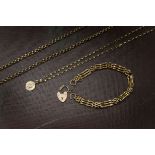 Three items of 9ct gold jewellery, including a gateline bracelet, a Victorian necklace, and a modern