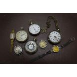 A group of vintage pocket and wristwatches, including three silver open faced and one half hunter, a