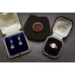 A pretty pair of Edwardian blue paste earrings, in a case, together with a Victorian 9ct gold signet