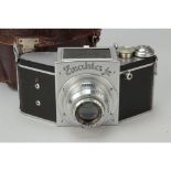 Chrome Exakta Junior Camera, No 545671, body, VG, non working shutter, 7.5cm F3.5 Anastigmat lens No