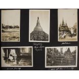 Silver print snapshot album, including Burma - Rangoon harbour, British Oil Company, pagodas,