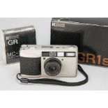 Ricoh GR1s Camera, No 123910, matt silver version, 28mm F2.8 GR Lens, body, VG/E, seems to operate