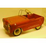 1950s Tin Pedal Car, Tri-ang style, in red livery inscribed lightning in white, with white