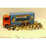 Tri-ang Circus Van, Blue and red tin plate with rubber tyres marked Tri-ang, L Bros Ltd with good