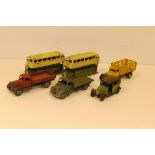 Playworn Dinky Toys, Comprising an Austin Taxi, Fordson Flatbed, two AEC double-decker buses and two