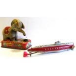 Schuco 3007 Clockwork Submarine, red tiplate, grey hull with rear propeller and rudder, grey