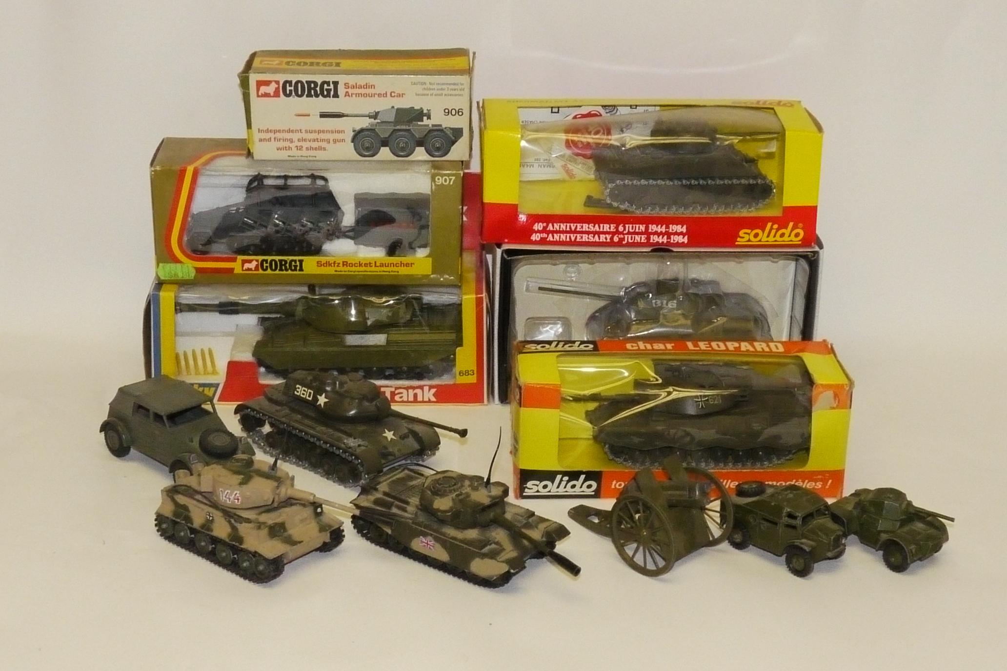 Diecast Military Vehicles, Eight boxed examples including Corgi 906 Saladin Armoured car and 907