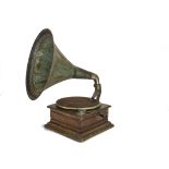 Horn gramophone, incomplete: with fluted blue horn (lacking soundbox and tone-arm neck, motor