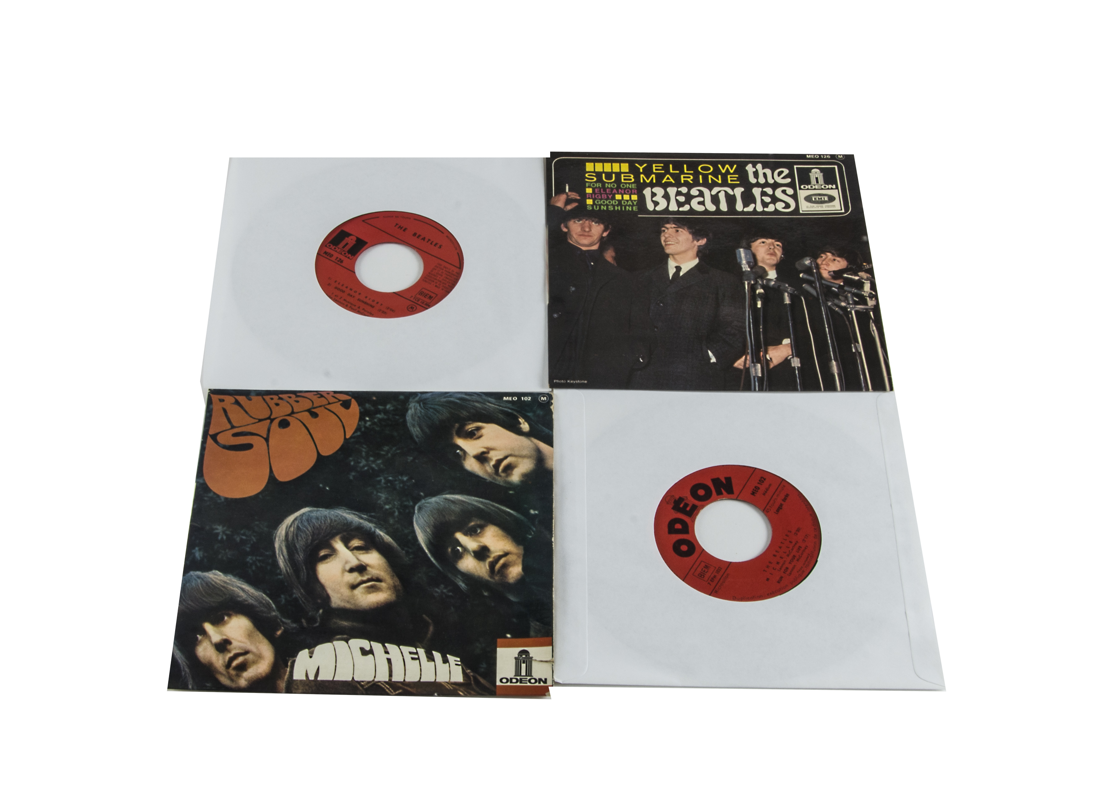 The Beatles, two French EPs on the red Odeon label comprising Yellow Submarine (MEO 126) - Sleeve